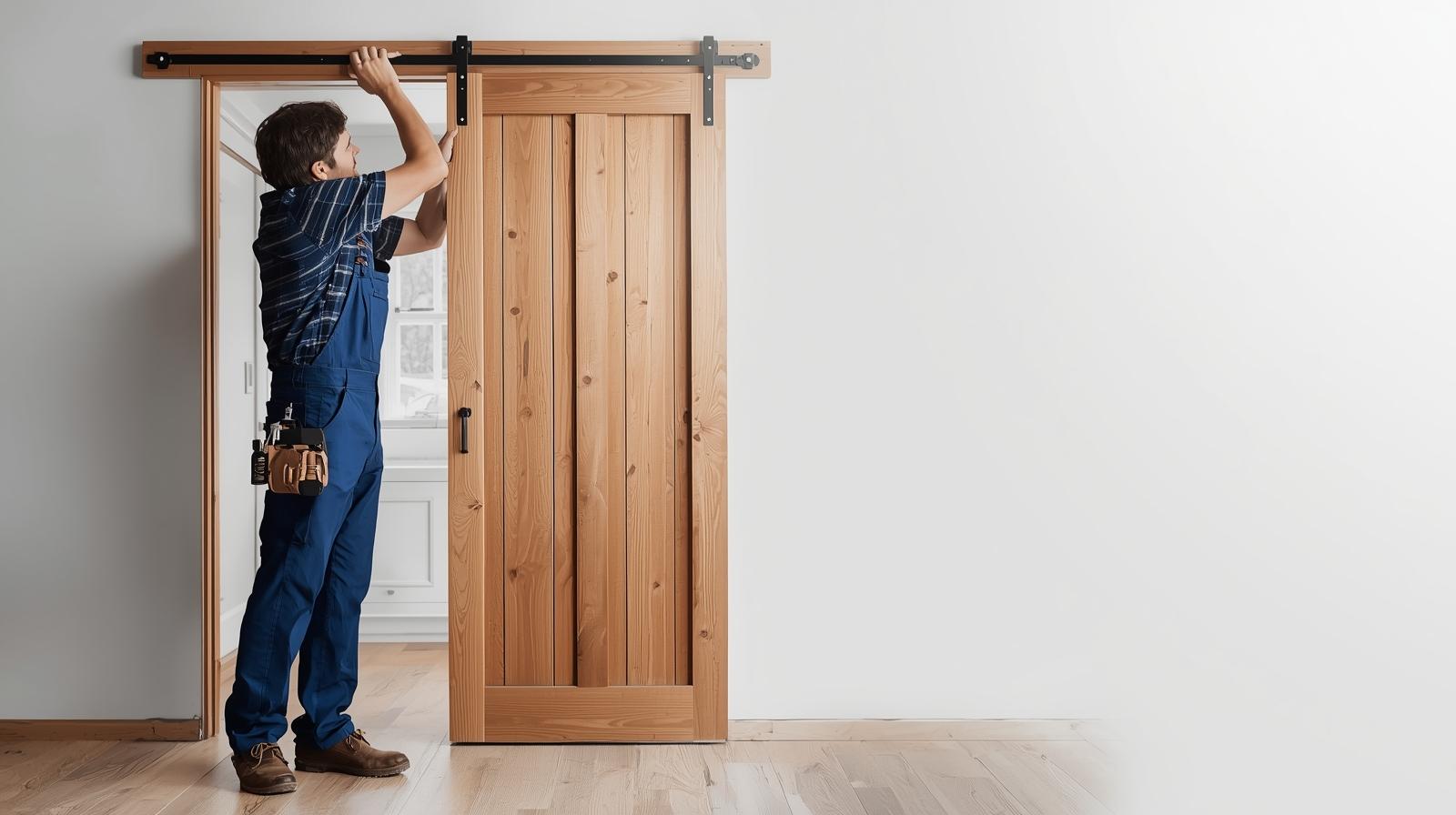 man repairing sliding pocket door man